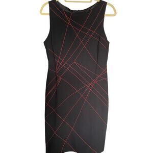 CACHE Black Ponte Knit Sleeveless Sheath Dress Red Geometric Embroidery SZ 12